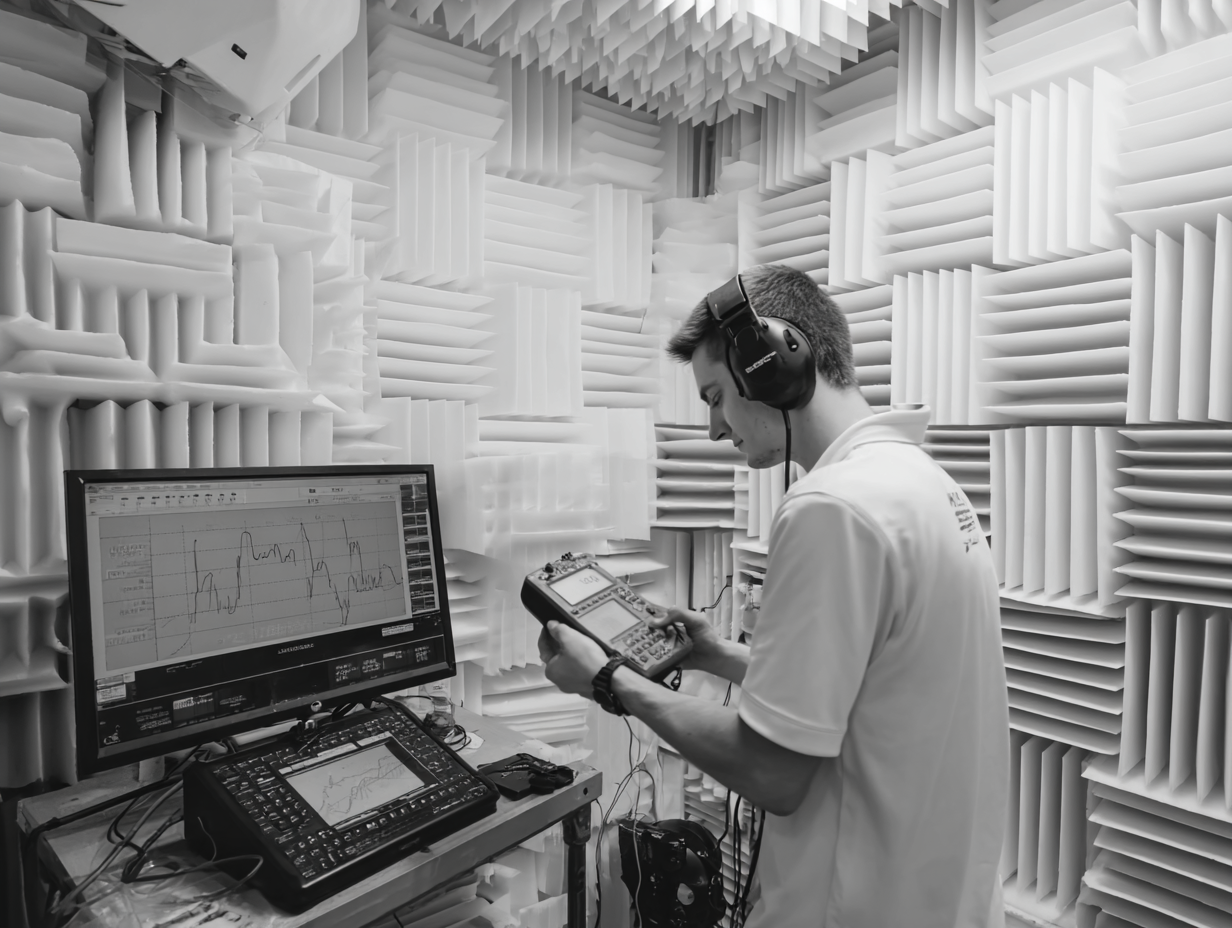 Technician conducting sound measurements in anechoic chamber with analysis equipment